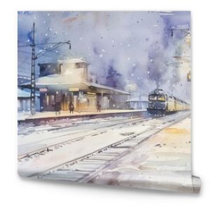 Gentle watercolor of a quiet, snowy railroad station with a diesel train parked, the tranquil scene illuminated by soft station lighting