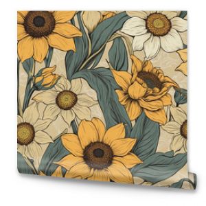 Timeless Botanical Charm: Sunflowers and Daffodils in a Vintage Floral Pattern