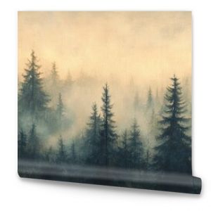 Vintage-inspired misty landscape, with a dense fir forest under a soft haze, evoking a sense of mystery and nostalgia.