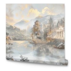 Baroque mural of a countryside scene in muted tones and gold on a soft backdrop