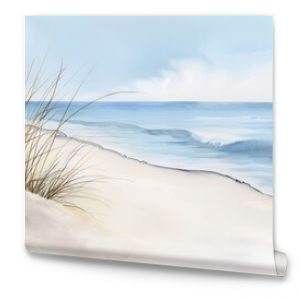 A serene beach scene rendered in watercolor, showing the fluid transitions between colors, soft brush techniques, and the artist's palette capturing the essence of the seaside