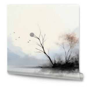 Minimalist landscape with trees, birds, and soft pastel tones