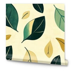 Seamless pattern of green and yellow leaves on a beige background