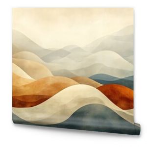 Abstract watercolor landscape of rolling hills in muted earth tones.