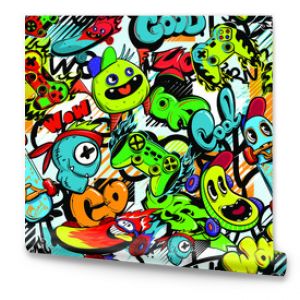 Abstract seamless cartoon pattern for kids, teenagers, fashion textile, clothes, wrapping paper. Repeated print with monsters doodle characters, graffiti text, gamepad, skateboard.