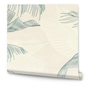 Abstract botanical art background with tropical palm leaves hand drawn in line art style. Vector banner with exotic plants for the design of wallpaper, textiles, print, interior.