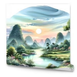 Watercolor pictures of rivers, trees, mountains, sun, beautiful evening views