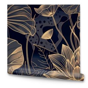 Elegant hand-drawn botanical leaves and gradient gold lotus flowers line art with tropical foliage for luxury background design