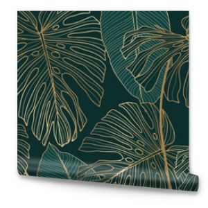 Luxury gold and green nature vector background. Floral pattern, tropical plant with golden split leaves with monstera plant line art, vector illustration.