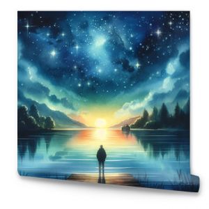 Watercolor painting of a man sitting on a lake shore, looking up at the starry night sky