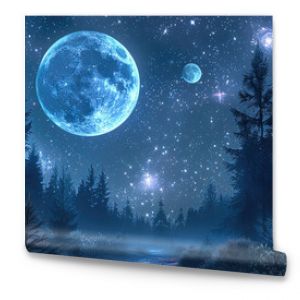 A moody forest landscape with a night sky featuring stars and a large blue moon along with planets. Incorporate a few galaxies into the sky.