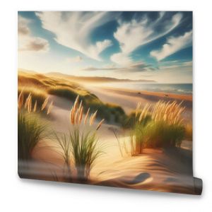 Golden sand dunes are dotted with tall, feathery grasses.  