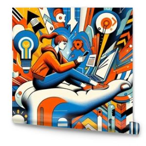 "The image portrays a young woman working on a laptop while sitting on a giant hand, set against a dynamic backdrop of geometric shapes and patterns. The vibrant colors and abstract elements evoke a s