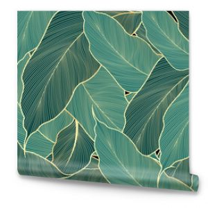 Luxury leaves wallpaper design gold and nature green background vector. Hand drawn linear golden abstract leaves. Vector Illustration