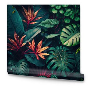 Lush colorful tropical leaves, dark background. AI