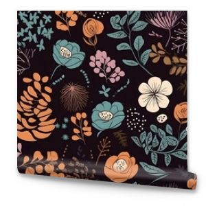 Seamless Сontemporary Spring Floral Pattern. Hand-drawn illustration. Flowers on black background. Decor, wallpaper, textile. Scandinavian design. Generative Ai.