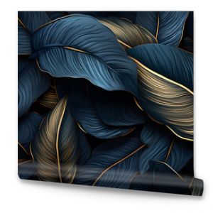 Dark blue and gold tropical leaves Exotic background, Ai Generated