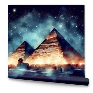 Watercolor painting of the pyramids of ​​giza at night