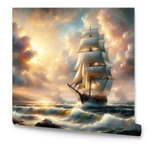 Watercolor painting of a tall sailboat sailing on the ocean