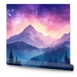 Vibrant watercolor night sky featuring stars, mountains, and silhouetted trees, creating a serene and magical atmosphere.