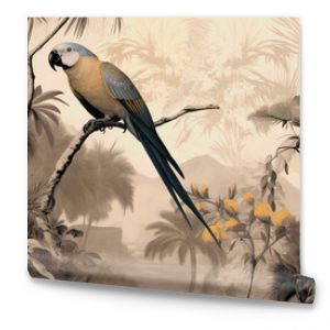 Parrot sitting on branches in a rainforest, vintage illustration on light brown background in boho style