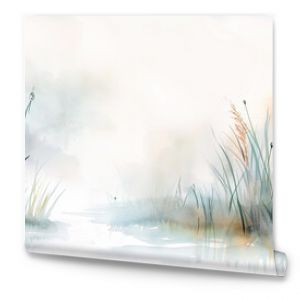 Watercolor painting of grass and reeds by the water landscape scenery nature tranquil serene peaceful misty hazy atmospheric soft delicate muted tones gentle colors ethereal dreamy calming meditative