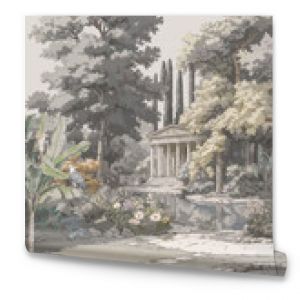 Ancient Greek garden with Parthenon in the distance landscape illustration in muted colors