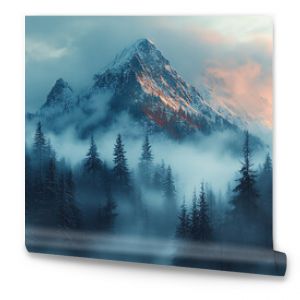 beautiful representation of a mountain range with fog in the foreground, depicted in a realistic style with a muted color palette.