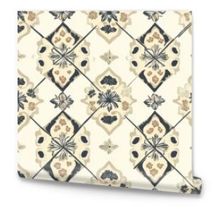 Geometric pattern of diamond shapes with floral designs in muted colors creates an intricate textile design suitable for various decor styles