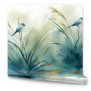 Two small blue birds sit on tall grassy plants, surrounded by soft, muted colors. The peaceful environment evokes a sense of calm and tranquility, illustrating the beauty of nature.