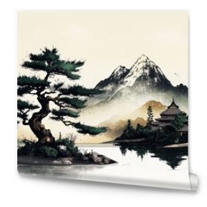 Majestic mountain landscape with snowy peaks, lush trees, traditional Japanese village, and warm sunset glow in muted colors