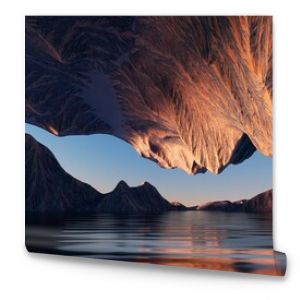 3d render, futuristic landscape with cliffs and water. Modern minimal abstract background. Spiritual zen wallpaper with sunset or sunrise light