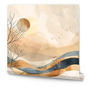 Abstract minimalist landscape painting with muted earth tones, featuring stylized trees, hills, and a sun.