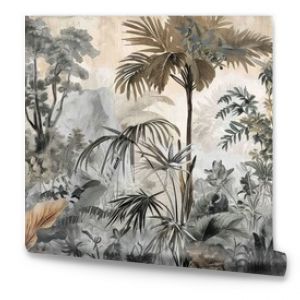 Watercolor pattern wallpaper. Painting of a jungle landscape.