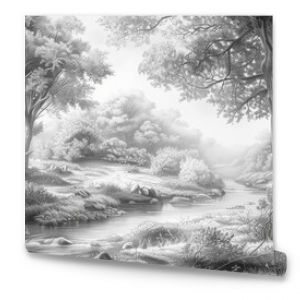 A beautiful pencil drawing of a forest with a stream running through it