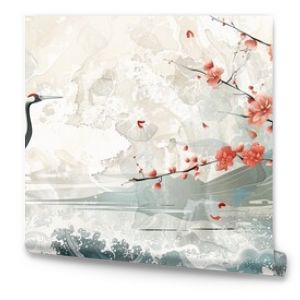 Decorative cherry blossom pattern with ocean sea decoration banner design in vintage style. Japanese background with watercolor painting texture.