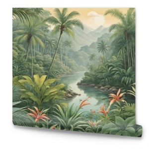 Vintage tropical botanical illustration of a lush jungle paradise