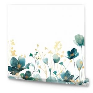 A beautiful watercolor illustration featuring abstract teal and gold flowers on a white background.