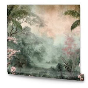 Vintage wallpaper of an exotic forest with toucans, blooming orchids and hidden streams in pastel tones. mural art style. 