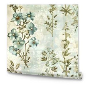 A background pattern of vintage botanical prints featuring wildflowers in muted tones of blue and green, arranged in an elegant, repeating design.