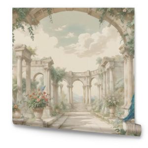 Classical Roman ruins with garden, peacock, bird, botanical tree and flower art prints wallpaper mural for living room decoration