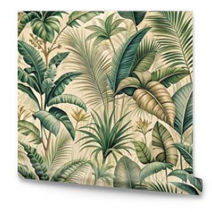 Vintage tropical jungle pattern for seamless wallpaper fabric texture tapestry background in green beige muted colors