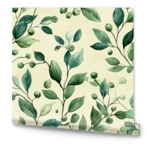 Seamless watercolor pattern featuring green winter leaves branches and mistletoe berries ideal for wedding invitations and seasonal promotions