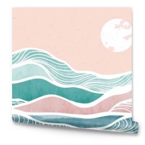 Creative minimalist modern paint and line art print. Abstract ocean wave and mountain contemporary aesthetic backgrounds landscapes. with sea, skyline, wave. vector illustrations