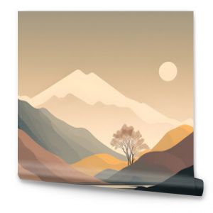 Minimalist landscape scenery wallpaper with single tree. Illustration design in 2D. Generative AI.