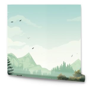 Minimalist Mountain Forest Landscape Wallpaper, Simple Nature Illustration and Tranquil Backdrop, Pine and Spruce Tree Wilderness