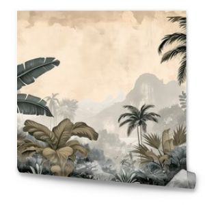 Old retro wallpaper of a lush jungle landscape.