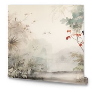 Watercolor pattern wallpaper. Painting of a jungle landscape with birds.