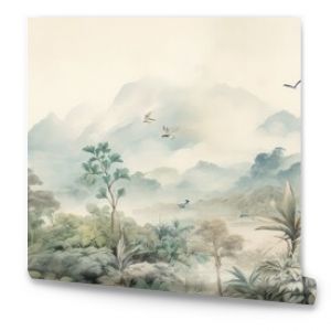 Watercolor pattern wallpaper. Painting of a jungle landscape with birds.