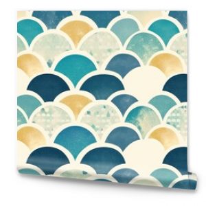 Seamless pattern of blue, teal, yellow, and white fish scales, perfect for a nautical, marine, or coastal-themed design project.